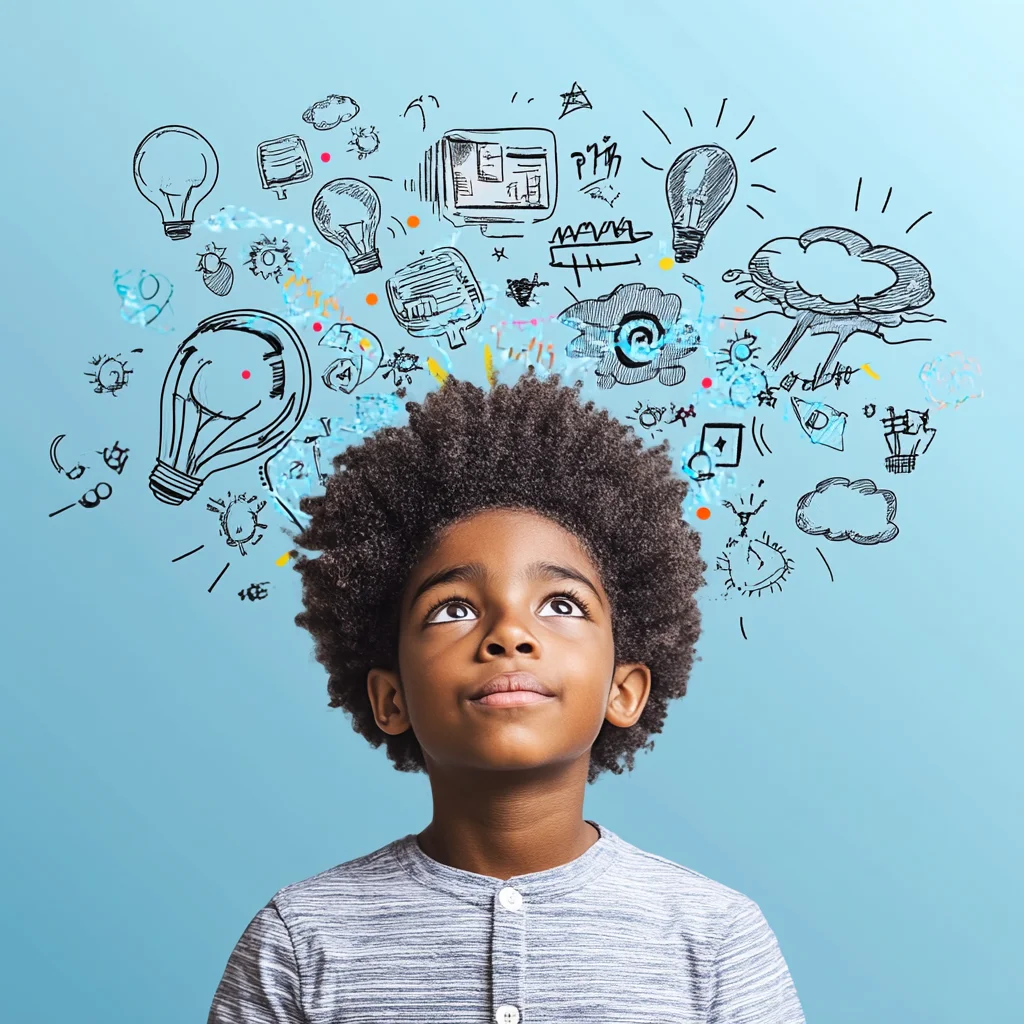 Menino olhando para cima com expressão curiosa, enquanto desenhos criativos de ideias, lâmpadas e símbolos de conhecimento surgem ao seu redor em um fundo azul. Representação do potencial cognitivo e desenvolvimento emocional infantil.