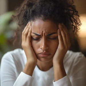 Mulher com expressão de preocupação, segurando a cabeça com as mãos. A imagem transmite sinais de ansiedade, estresse e sobrecarga emocional, representando a importância do cuidado com a saúde mental.