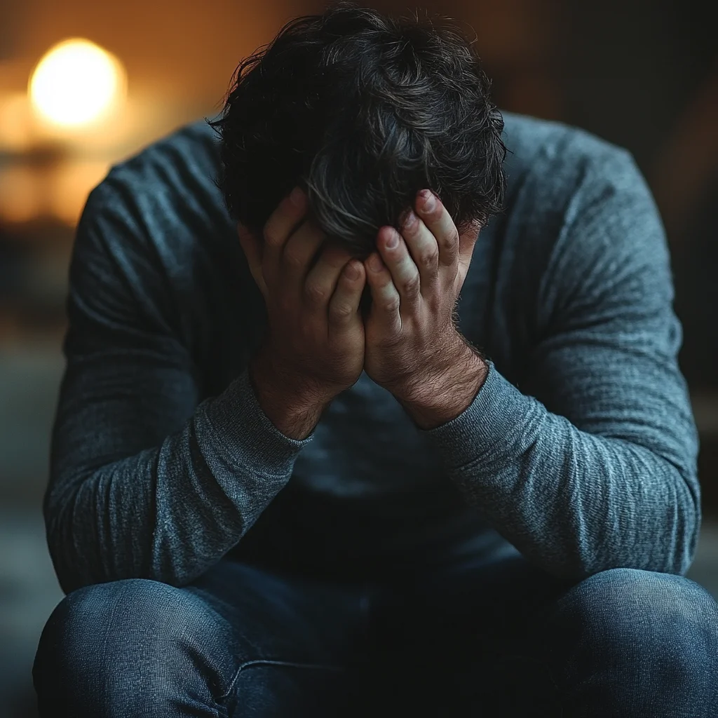 Homem sentado com as mãos no rosto, demonstrando sinais de sofrimento emocional. A cena transmite angústia, ansiedade e possível transtorno psicológico, destacando a importância do cuidado com a saúde mental.
