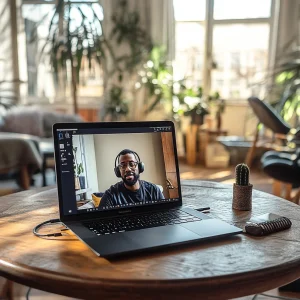 Laptop sobre mesa de madeira em ambiente acolhedor, exibindo uma videochamada com um terapeuta. A imagem representa atendimento psicológico online, mostrando acessibilidade e conforto na terapia virtual.