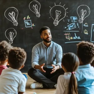 Professor sentado no chão em círculo com crianças, conduzindo uma conversa interativa em frente a um quadro negro com desenhos de lâmpadas acesas. A imagem simboliza aprendizado, criatividade e desenvolvimento infantil.